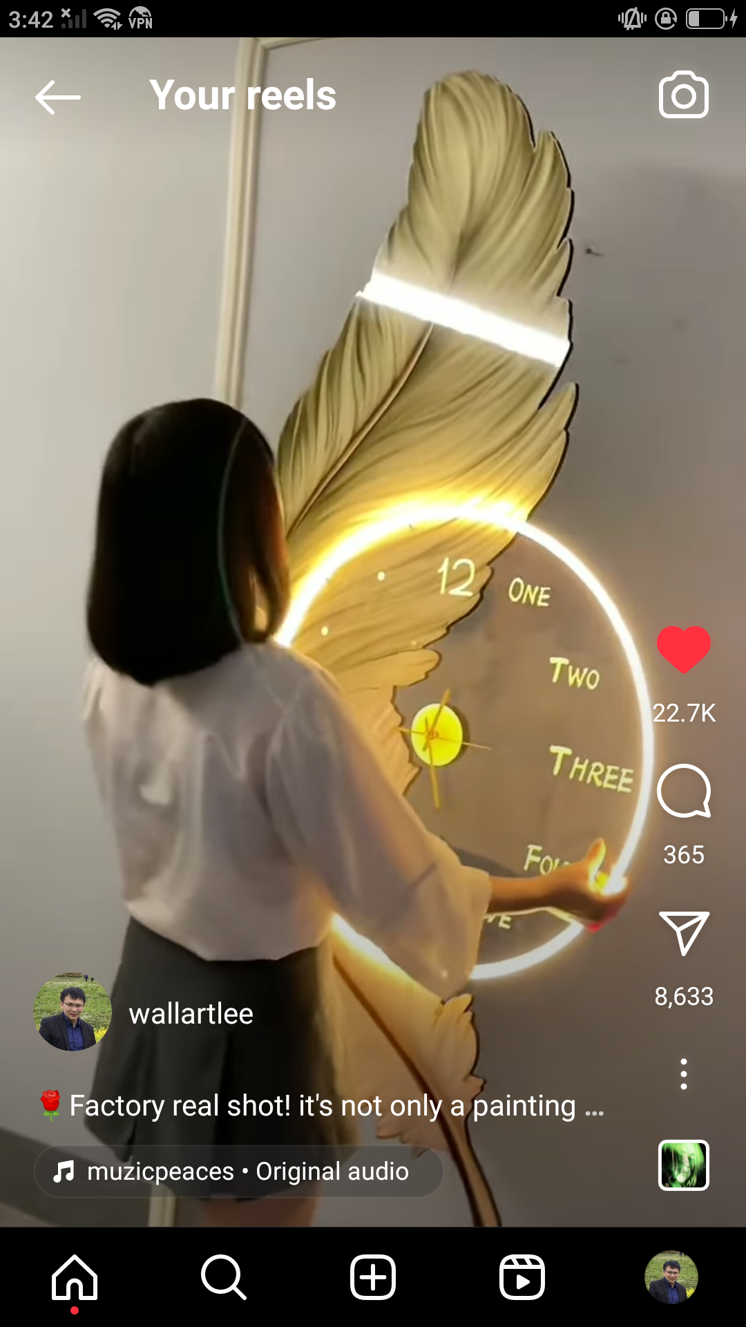 Feather creative design decoration wall painting clock LED