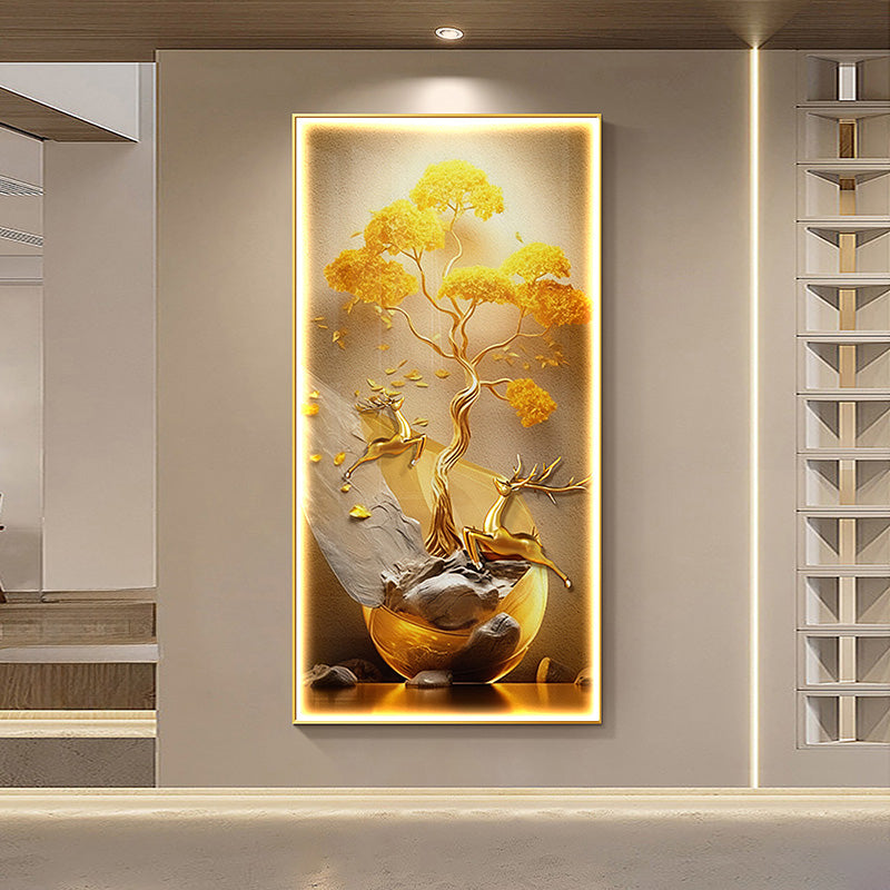 Abstract Golden blue Deer Crystal Porcelain livingroom wall painting LED