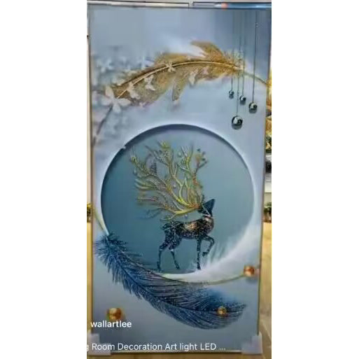 Abstract Golden blue Deer Crystal Porcelain livingroom wall painting LED