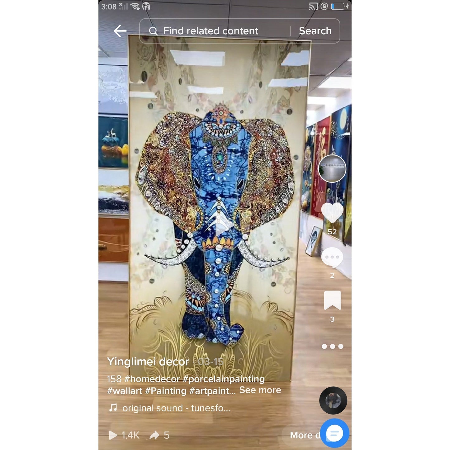 Boutique Elephant Crystal Porcelain Decorative wall Painting LED