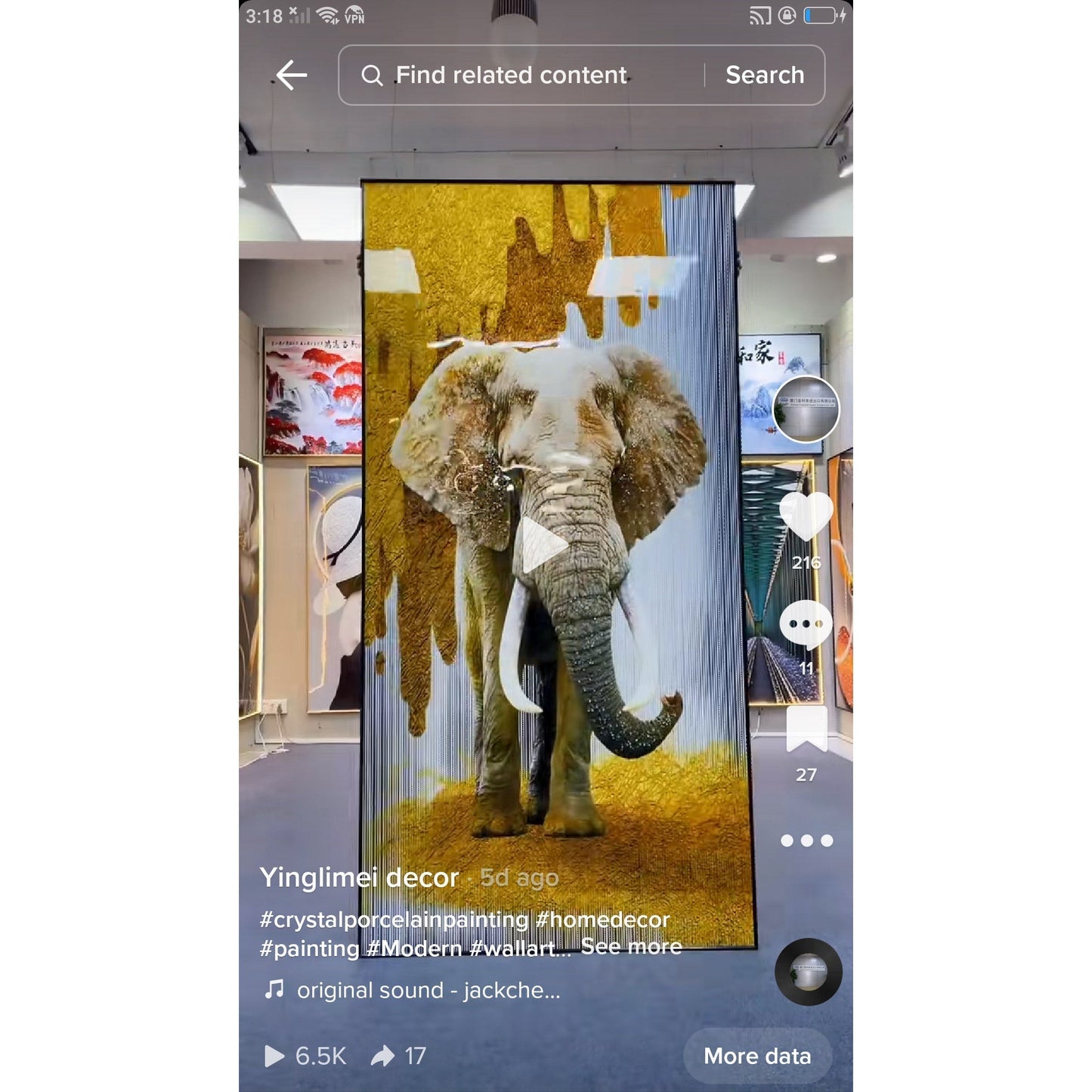 Boutique Elephant Crystal Porcelain Decorative wall Painting LED