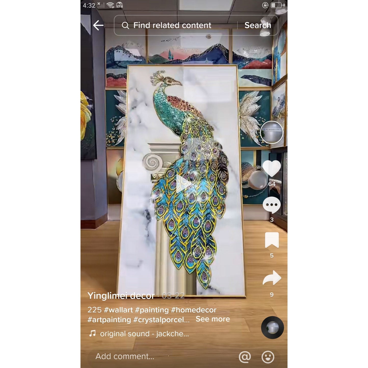 Abstract golden Peacock Crystal Porcelain decorative wall painting art