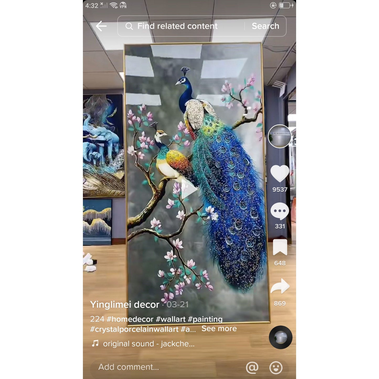 Auspicious Peacock Crystal Porcelain decorative Wall painting art