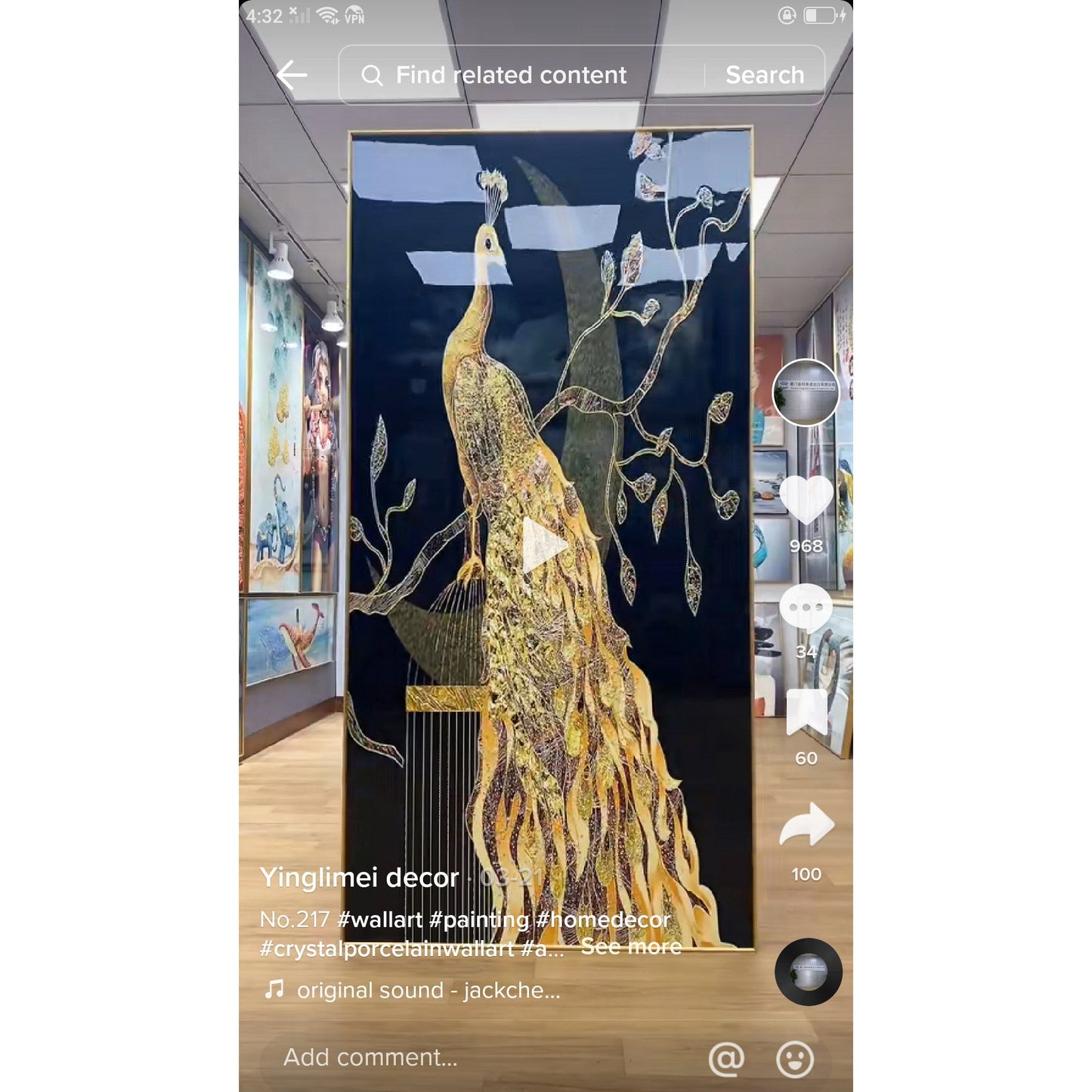 Abstract golden Peacock Crystal Porcelain decorative wall painting LED