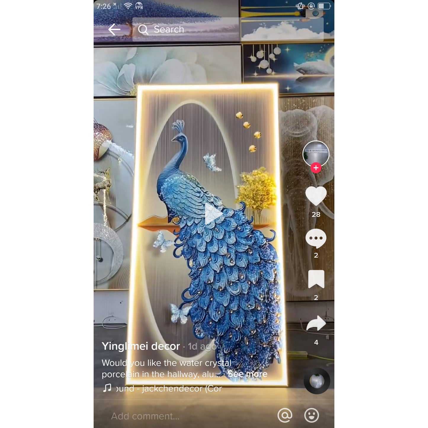 Auspicious Peacock Crystal Porcelain wallart one