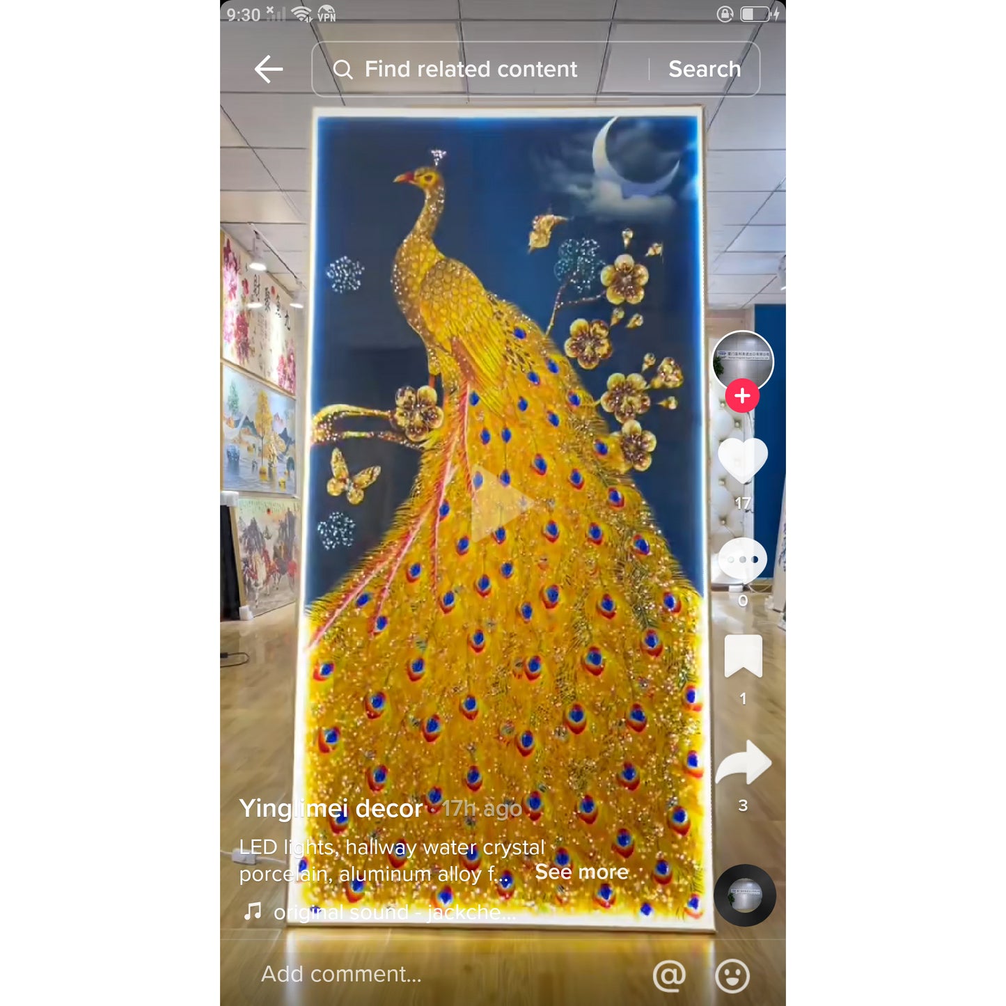 Abstract golden Peacock Crystal Porcelain decorative wall painting art