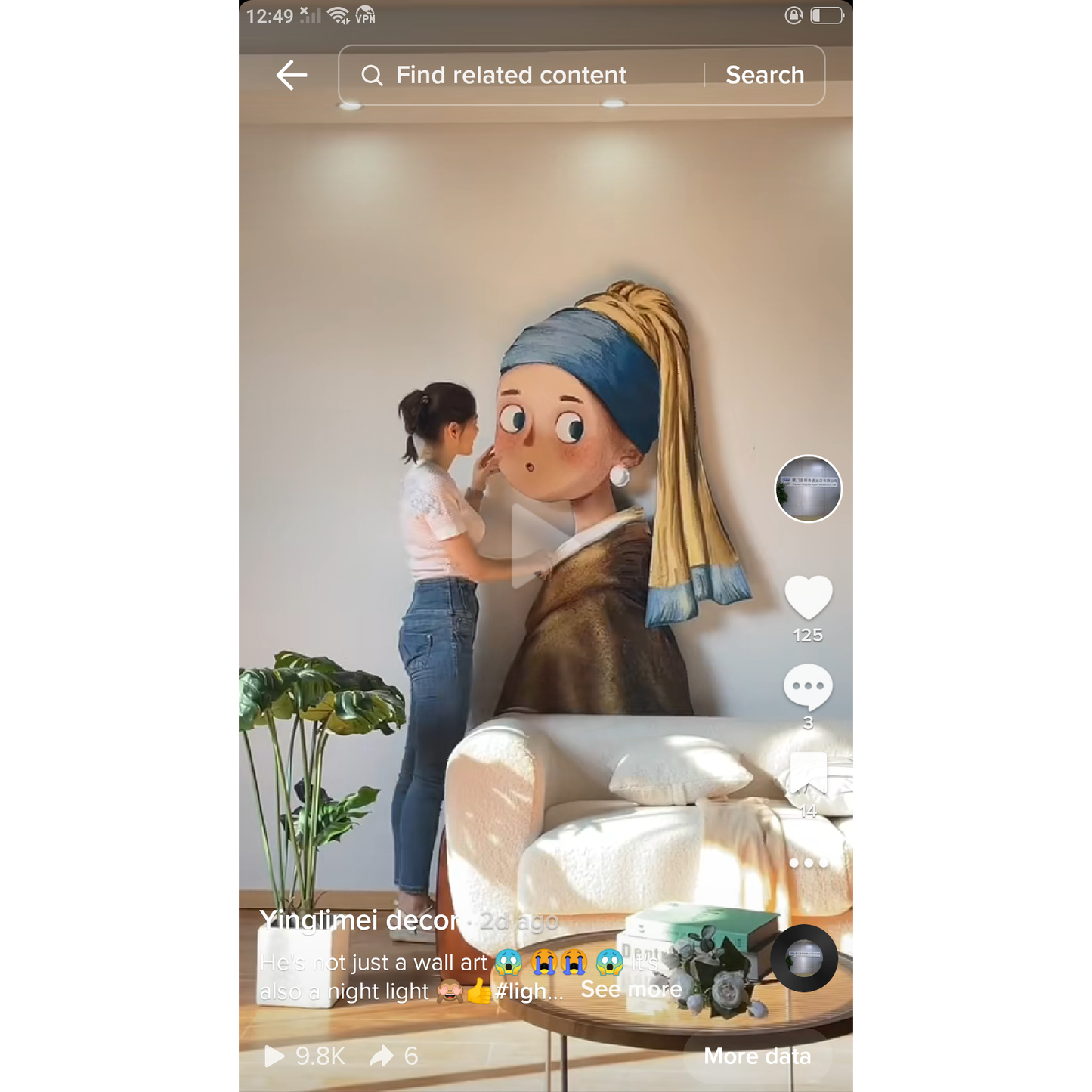 Pearl Girl decoration wall art hanging lamp LED