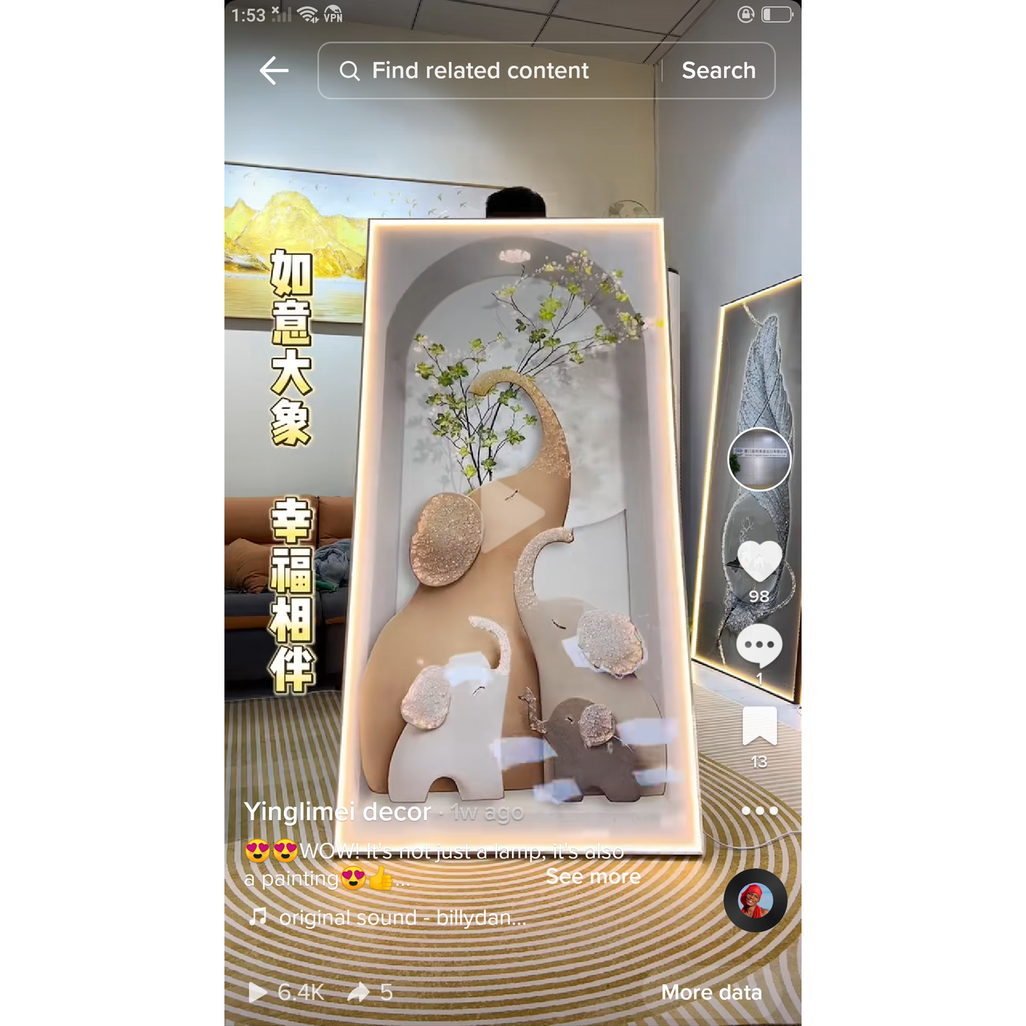 Boutique Elephant Crystal Porcelain Decorative wall Painting LED