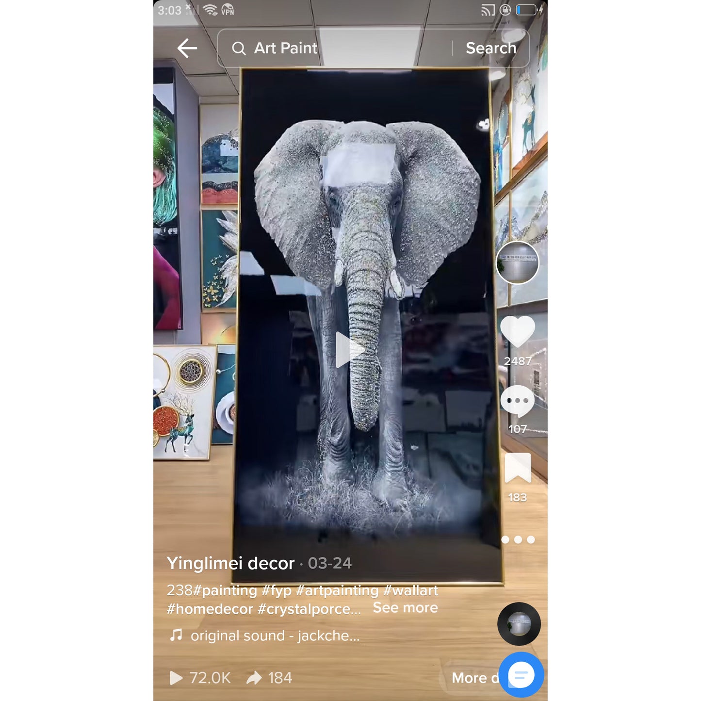 Nordic Elephant Animal Crystal Porcelain Wall Hanging Picture art.