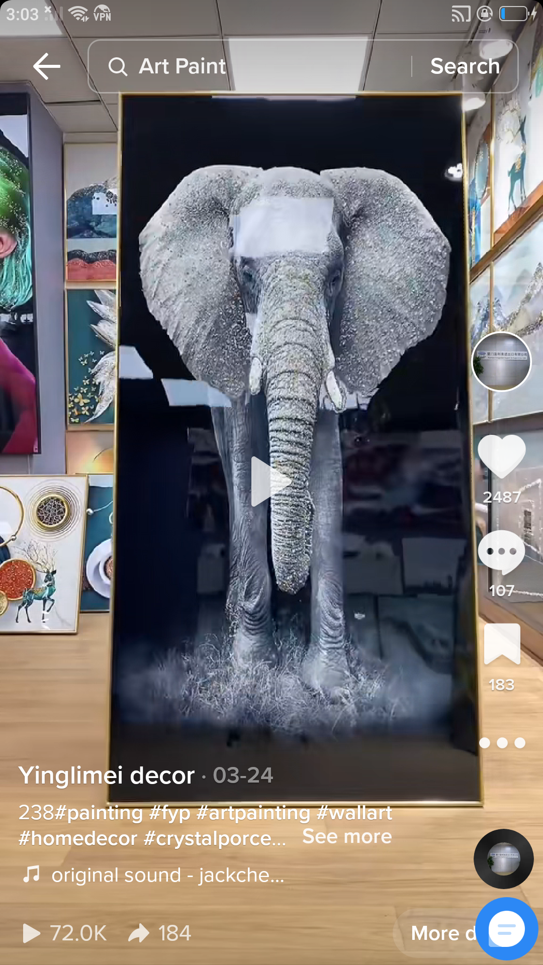 Nordic Elephant Animal Crystal Porcelain Wall Hanging Picture wallart.