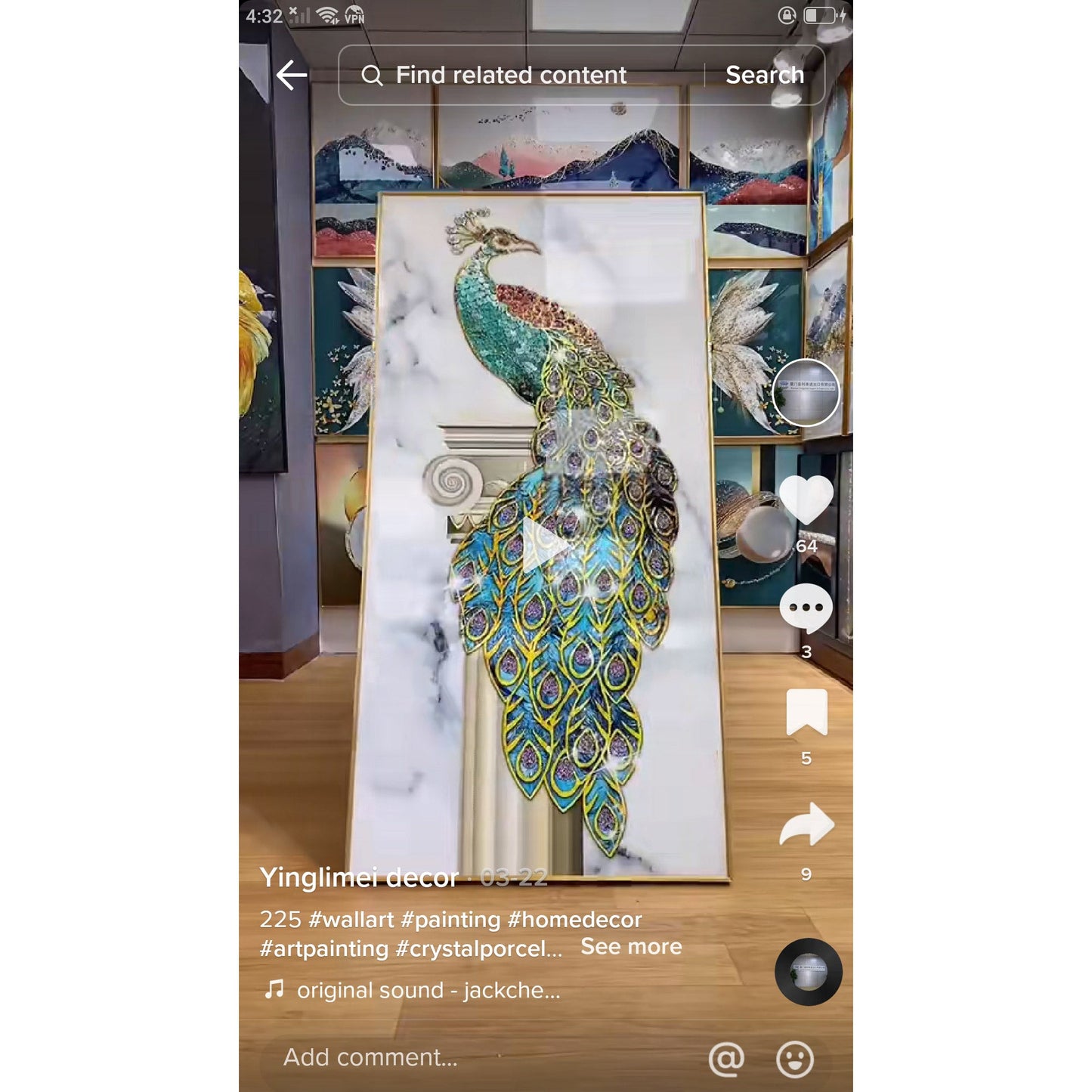 Abstract auspicious Peacock Crystal Porcelain decorative Wall painting