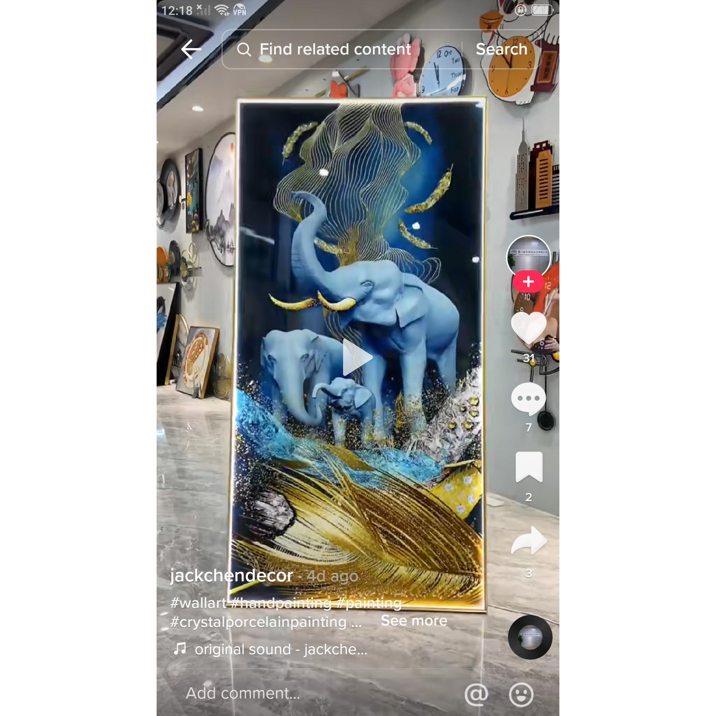 Nordic Elephant Animal Crystal Porcelain Wall Hanging Picture wallpainting.