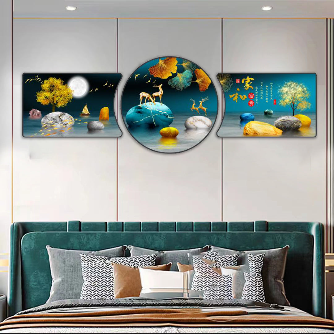 Circle 3in1 Abstract Landscape deer Home Art Crystal Porcelain wall Painting