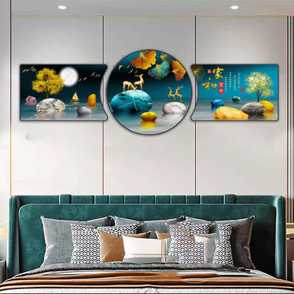 Circle 3in1 Abstract Landscape deer Home Art Crystal Porcelain wall Painting
