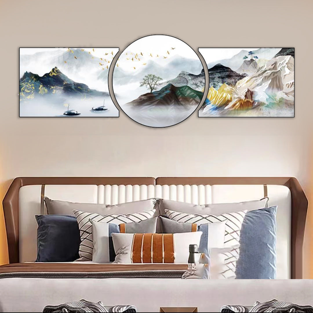 Circle 3in1 Abstract Landscape deer Home Art Crystal Porcelain wall Painting