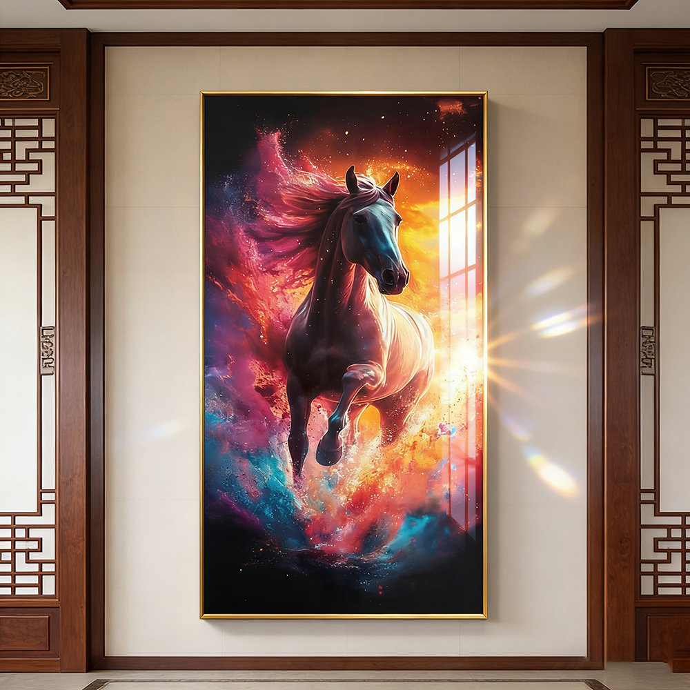 Beautiful Landscape Black Horse Crystal Porcelain Painting Decorative art LED