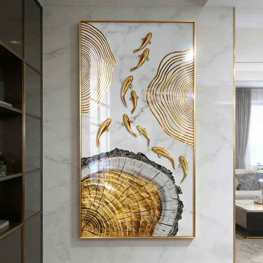Golden landscape Fish School Landscape Crystal Porcelain Painting Decorative art LED