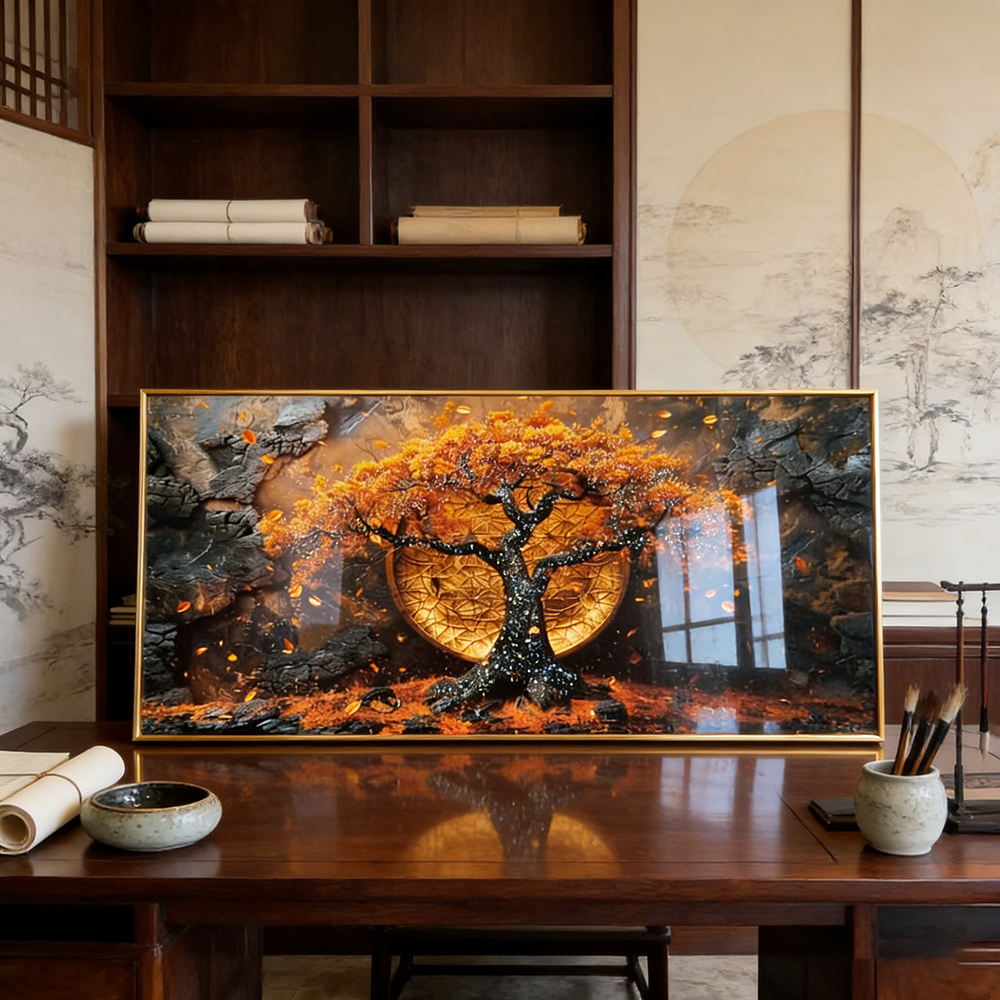Banner golden tree landscape Crystal Porcelain painting LED wallart