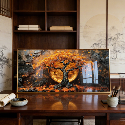 Banner golden tree landscape Crystal Porcelain painting LED wallart