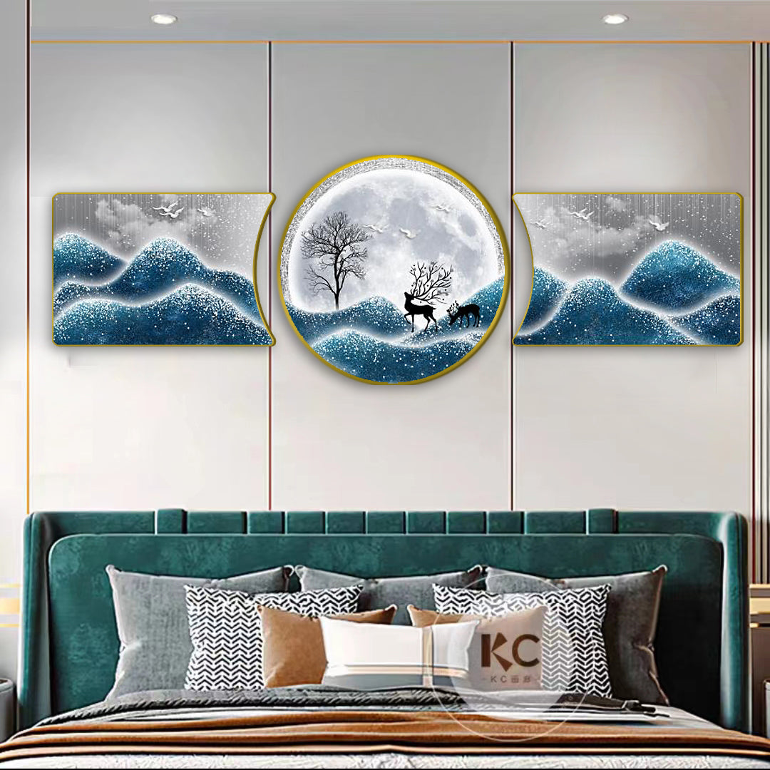 Circle 3in1 Abstract Landscape deer Home Art Crystal Porcelain wall Painting
