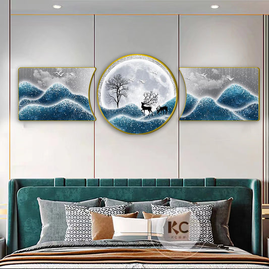 Circle 3in1 Abstract Landscape deer Home Art Crystal Porcelain wall Painting