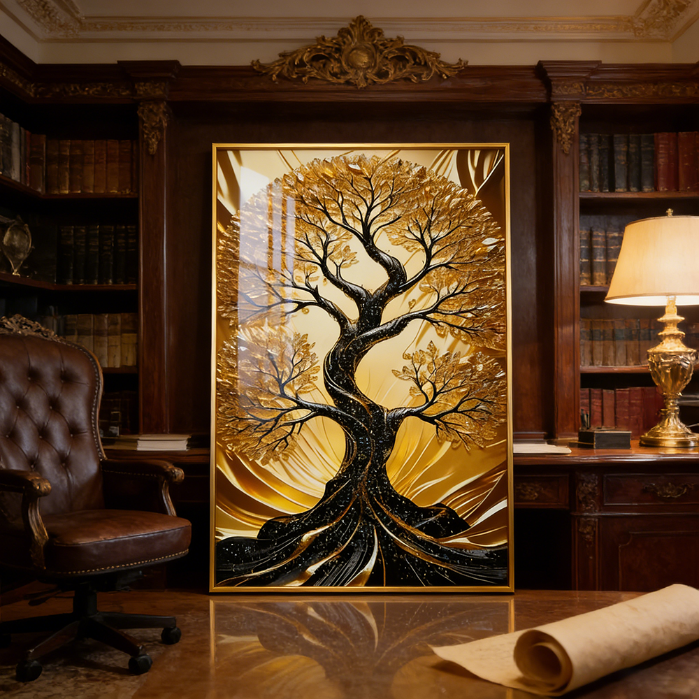 Abstract Landscape Golden Tree Crystal Porcelain decorative wall painting LED