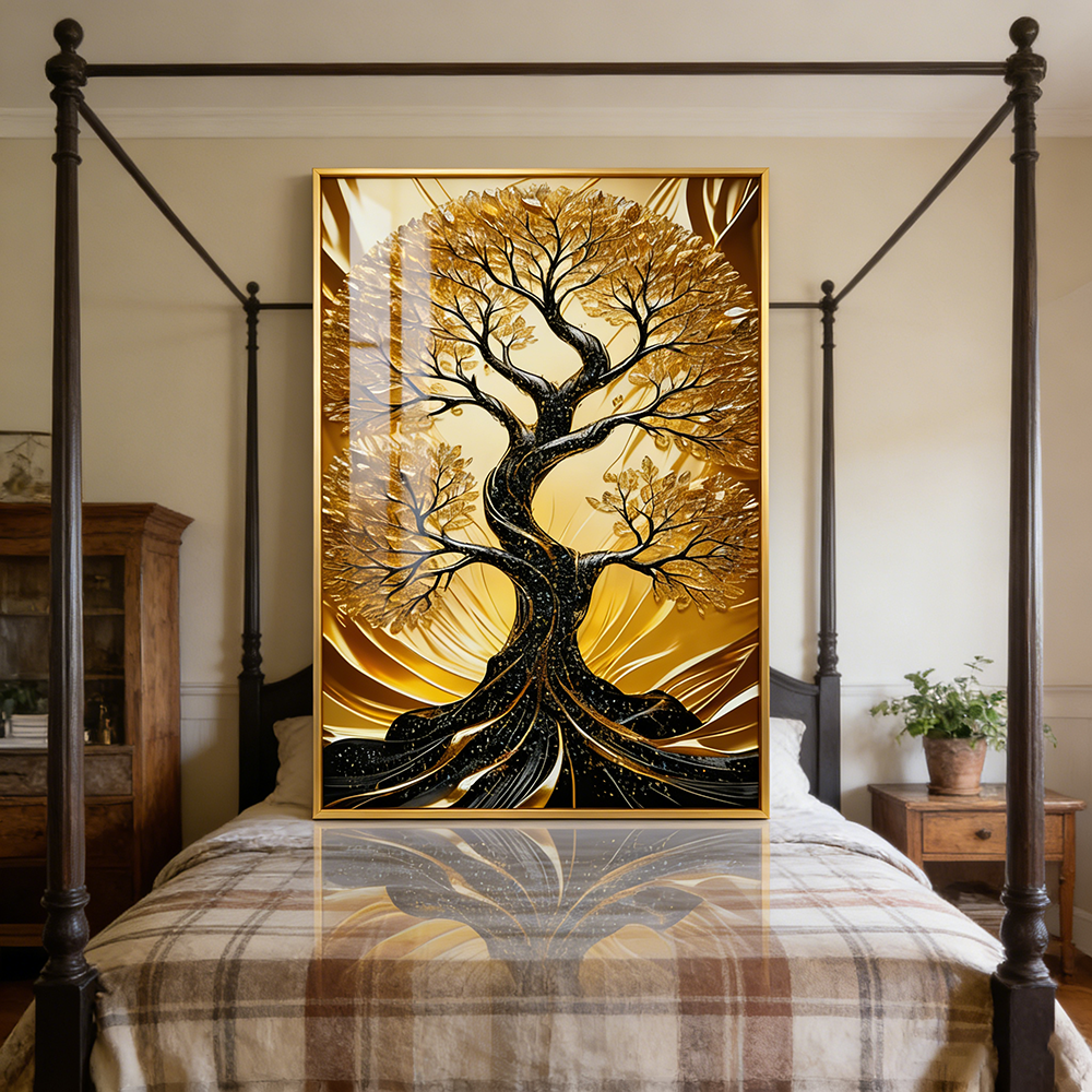 Abstract Landscape Golden Tree Crystal Porcelain decorative wall painting LED