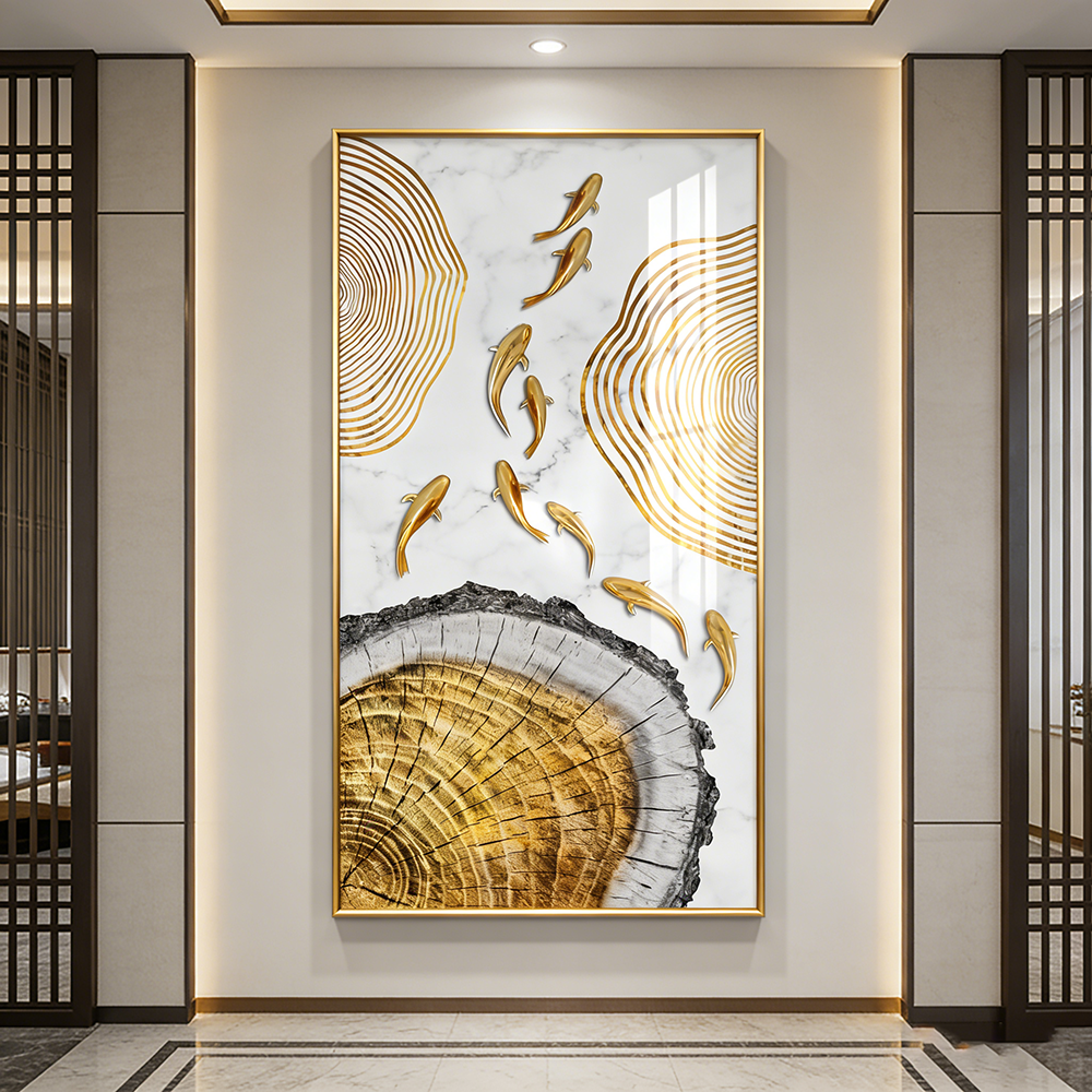 Golden landscape Fish School Landscape Crystal Porcelain Painting Decorative art LED