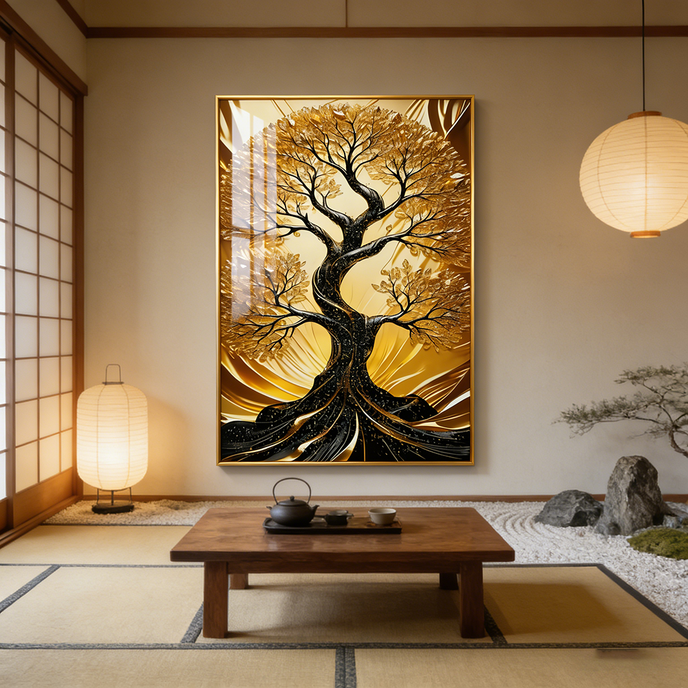 Abstract Landscape Golden Tree Crystal Porcelain decorative wall painting LED