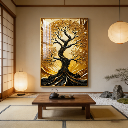 Abstract Landscape Golden Tree Crystal Porcelain decorative wall painting LED