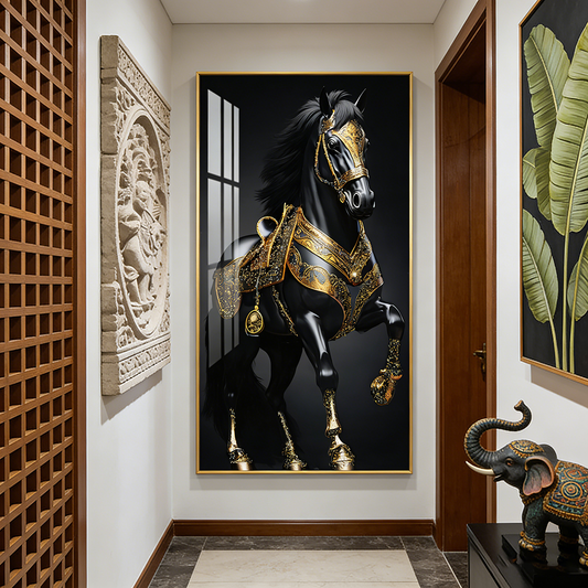 Luxurious Golden Black Horse Crystal Porcelain Painting wall Decorative art LED