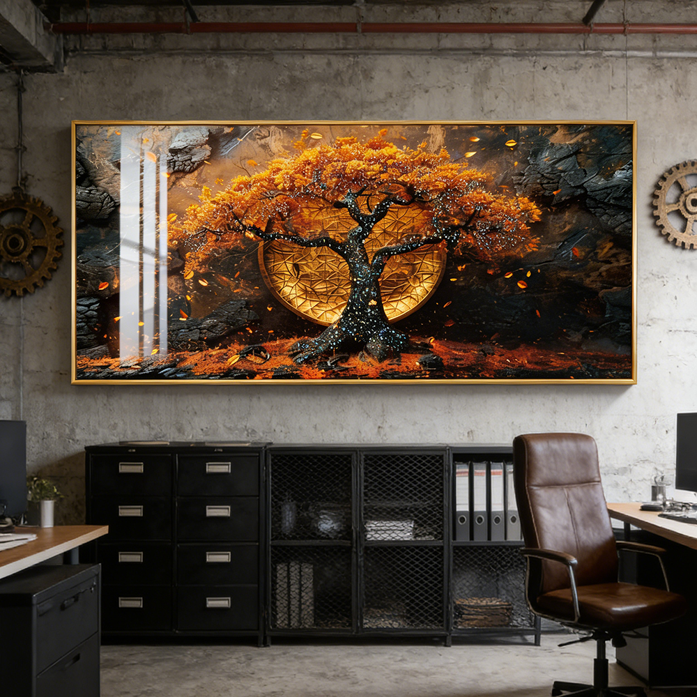 Banner golden tree landscape Crystal Porcelain painting LED wallart