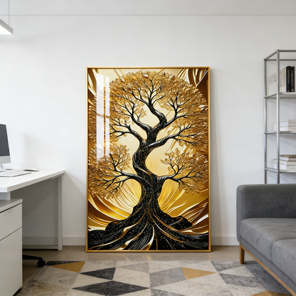Abstract Landscape Golden Tree Crystal Porcelain decorative wall painting LED