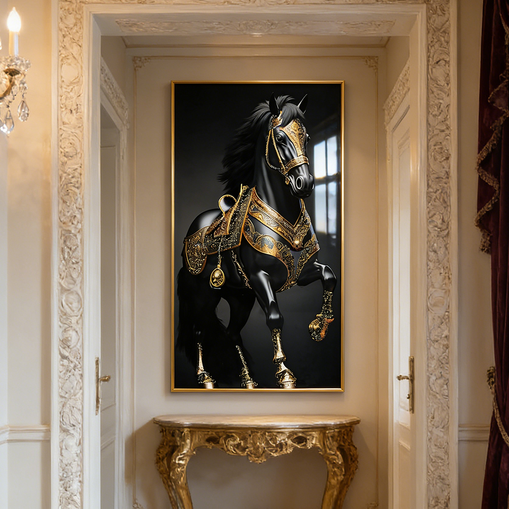 Luxurious Golden Black Horse Crystal Porcelain Painting wall Decorative art LED