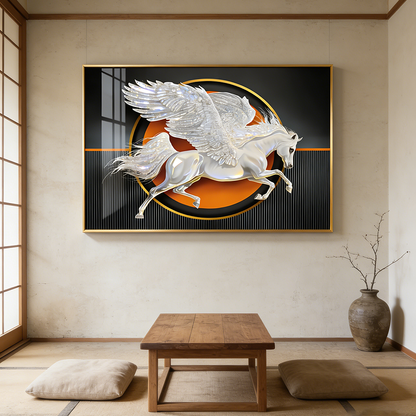 Abstract White Horse with Wings Crystal Porcelain Painting feather Wallart
