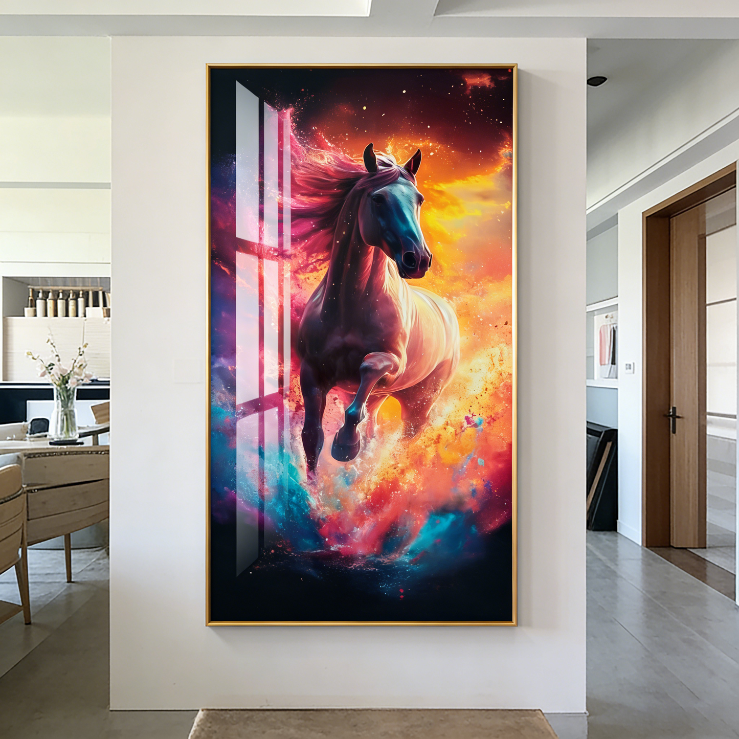 Beautiful Landscape Black Horse Crystal Porcelain Painting Decorative art LED