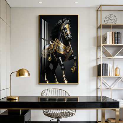 Luxurious Golden Black Horse Crystal Porcelain Painting wall Decorative art LED