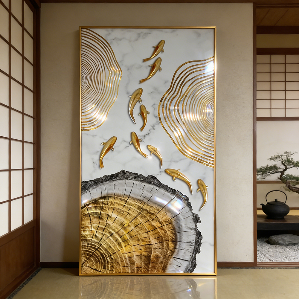 Golden landscape Fish School Landscape Crystal Porcelain Painting Decorative art LED