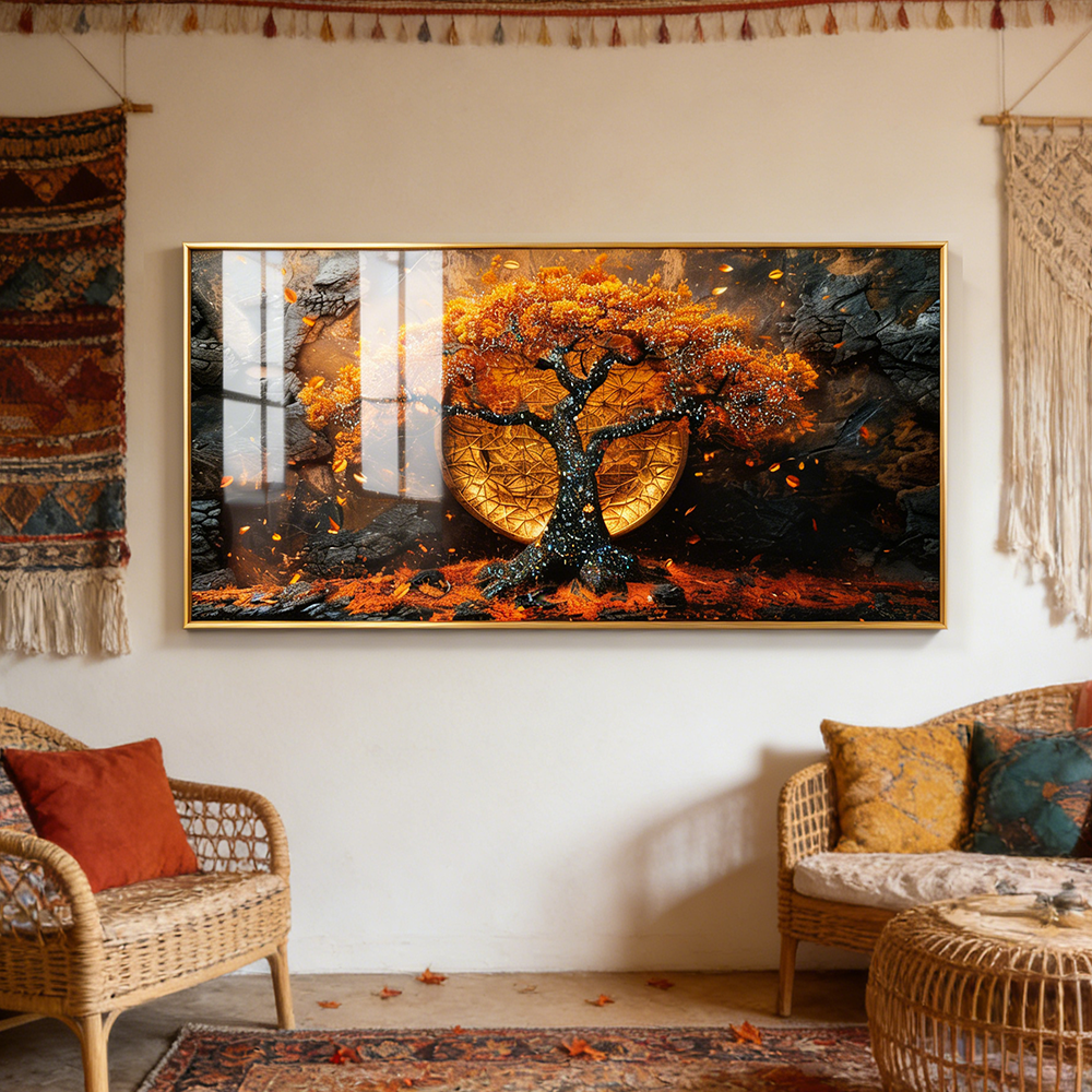 Banner golden tree landscape Crystal Porcelain painting LED wallart