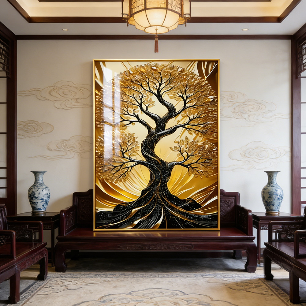Abstract Landscape Golden Tree Crystal Porcelain decorative wall painting LED