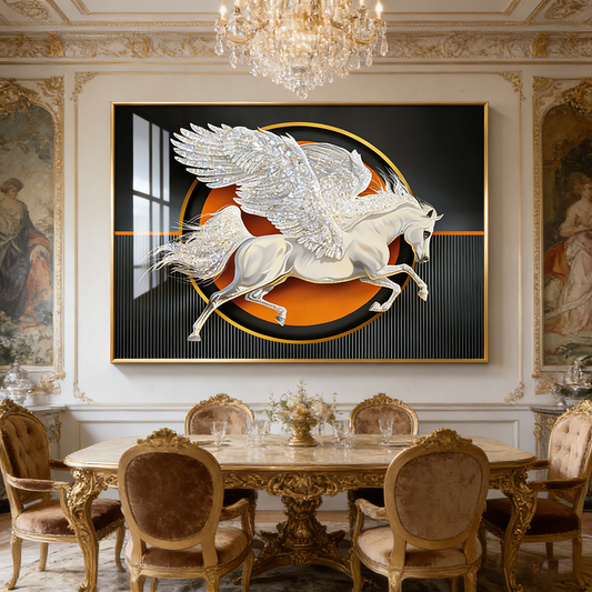 Abstract White Horse with Wings Crystal Porcelain Painting feather Wallart