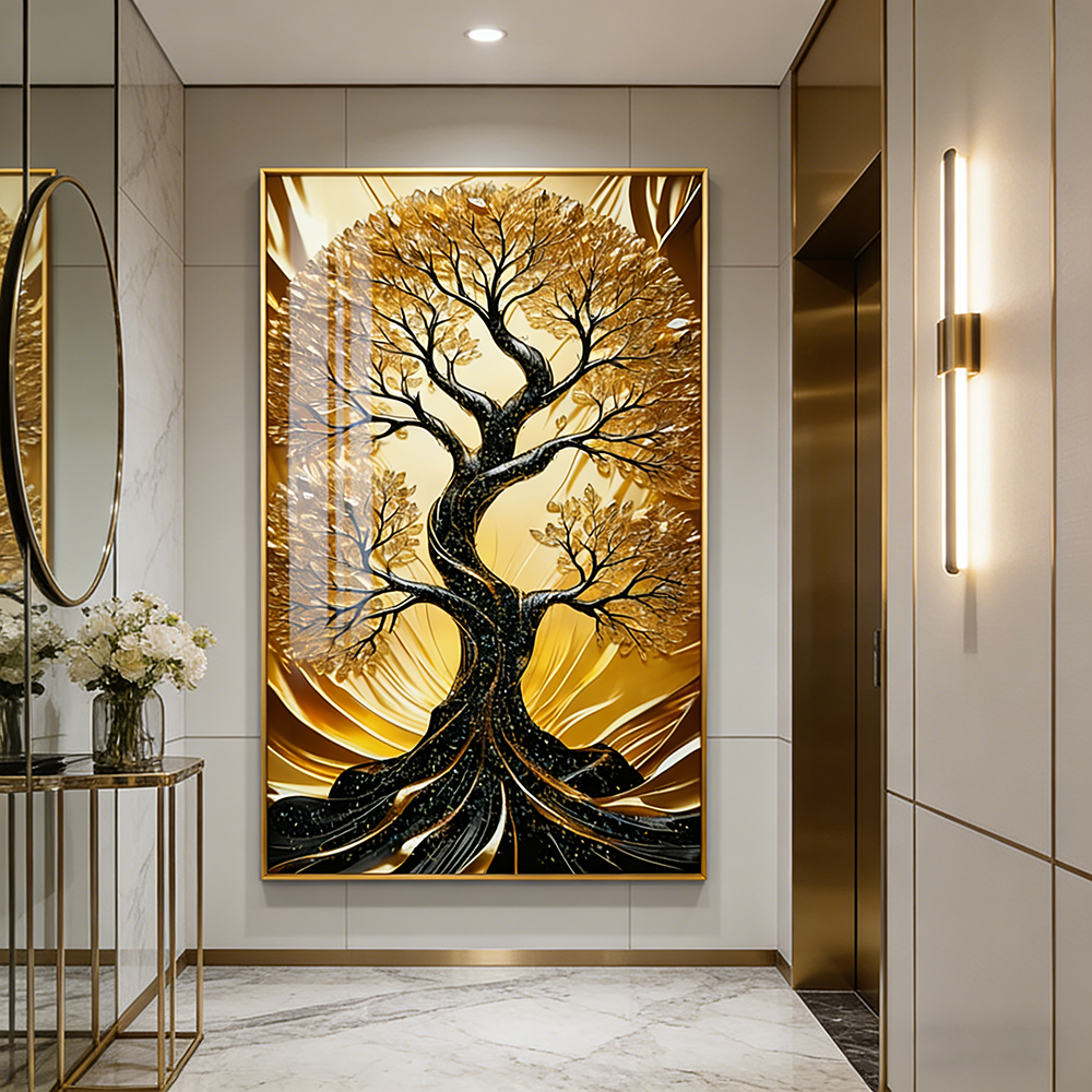 Abstract Landscape Golden Tree Crystal Porcelain decorative wall painting LED