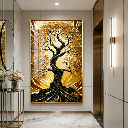 Abstract Landscape Golden Tree Crystal Porcelain decorative wall painting LED