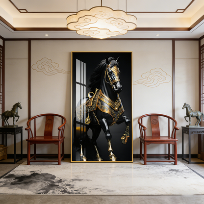 Luxurious Golden Black Horse Crystal Porcelain Painting wall Decorative art LED