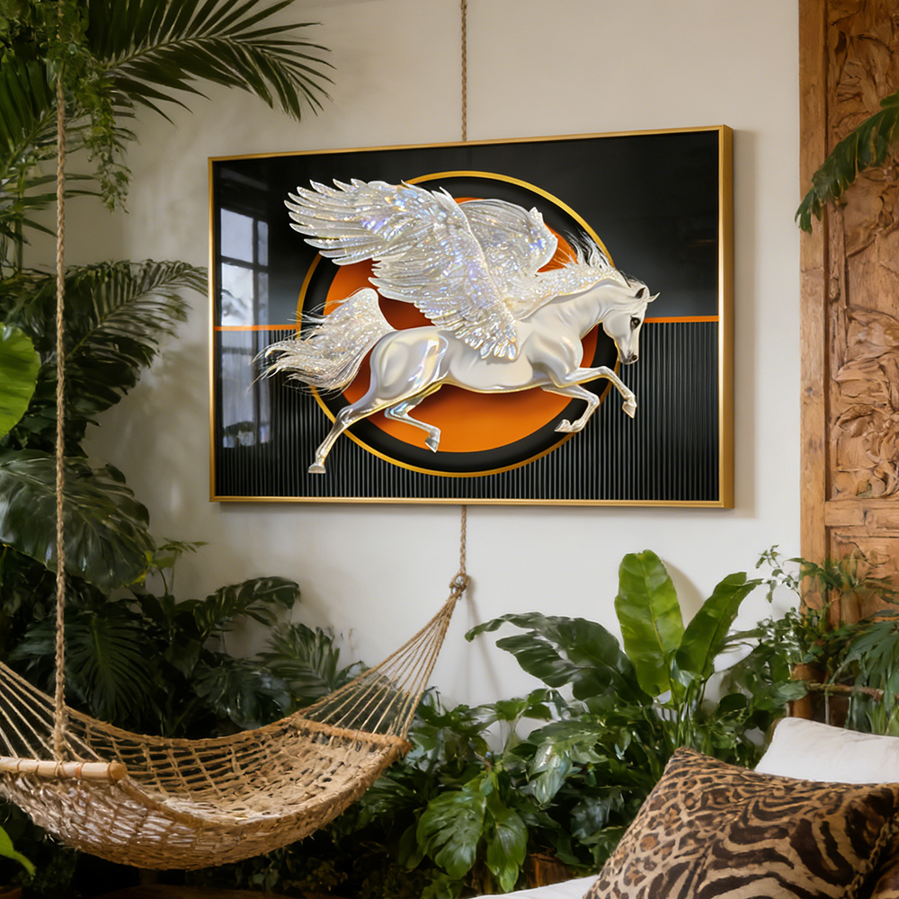 Abstract White Horse with Wings Crystal Porcelain Painting feather Wallart