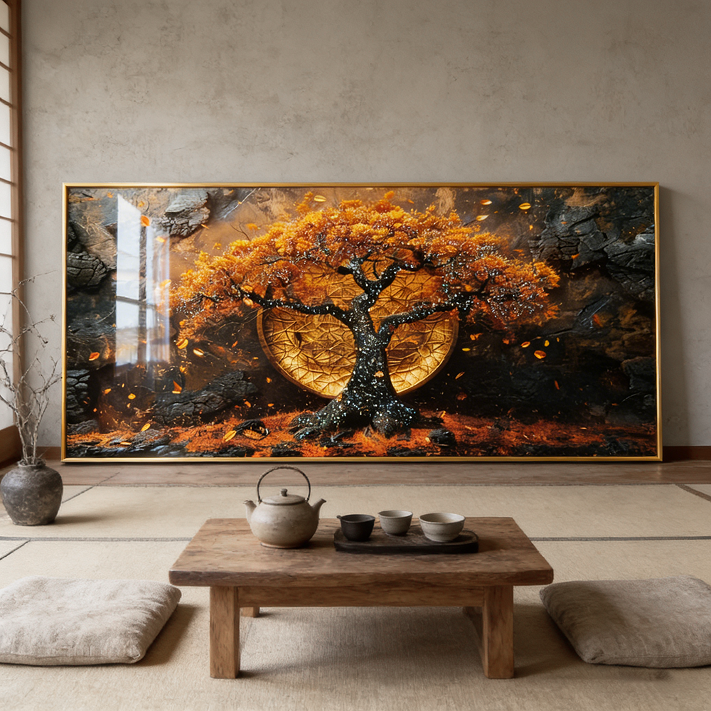 Banner golden tree landscape Crystal Porcelain painting LED wallart