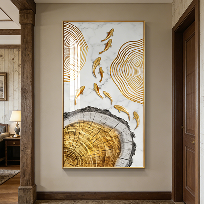 Golden landscape Fish School Landscape Crystal Porcelain Painting Decorative art LED