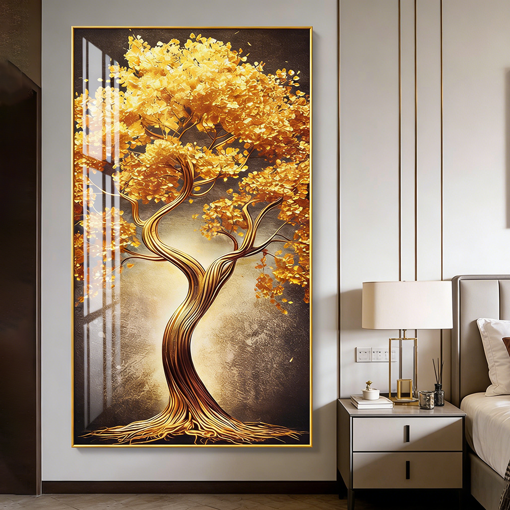 Beautiful Landscape golden tree Crystal Porcelain Painting Decorative wallart LED