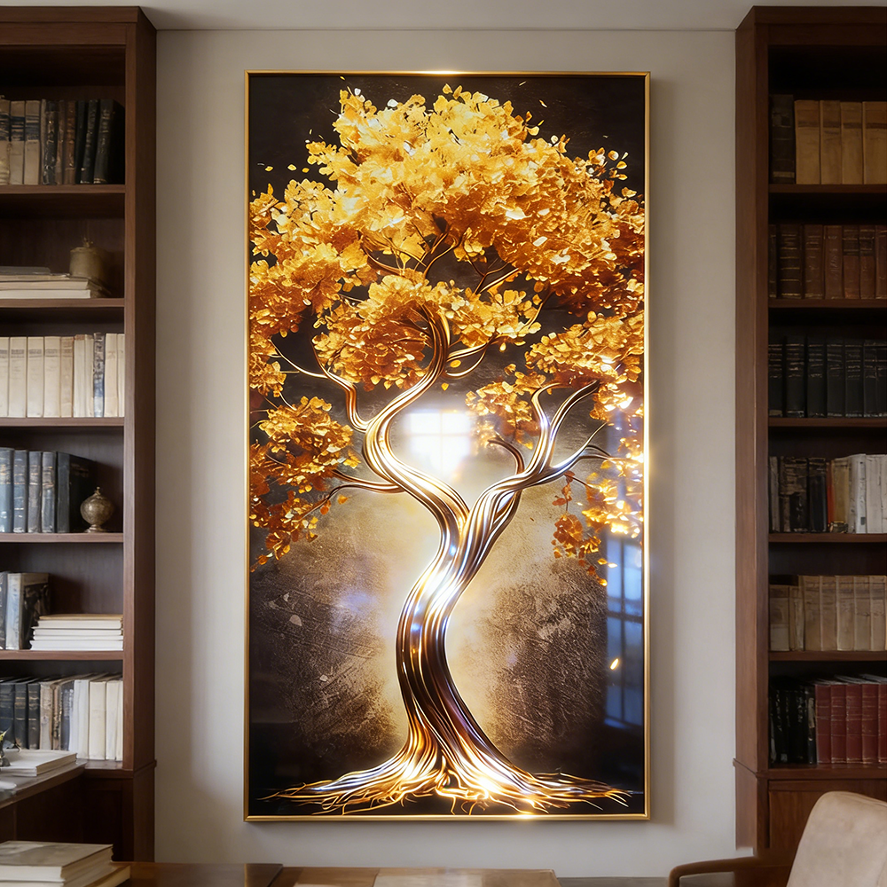 Beautiful Landscape golden tree Crystal Porcelain Painting Decorative wallart LED