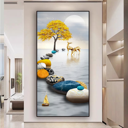 Abstract Golden blue Deer Crystal Porcelain livingroom wall painting LED